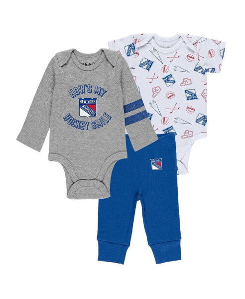 New-born and Infant Boys and Girls Gray, White, Blue New York Rangers Three-Piece Turn Me Around Bodysuit and Pants Set