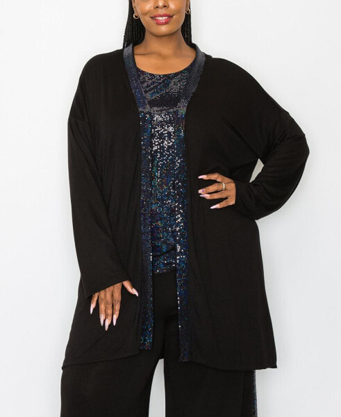 Plus Size Sequin Contrast Cardigan Sweater