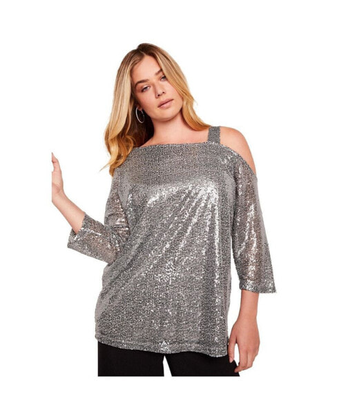 Plus Size June + Vie Sequin One-Shoulder Top