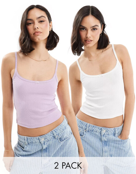 Miss Selfridge 2 pack lace trim rib cami top in white and lilac