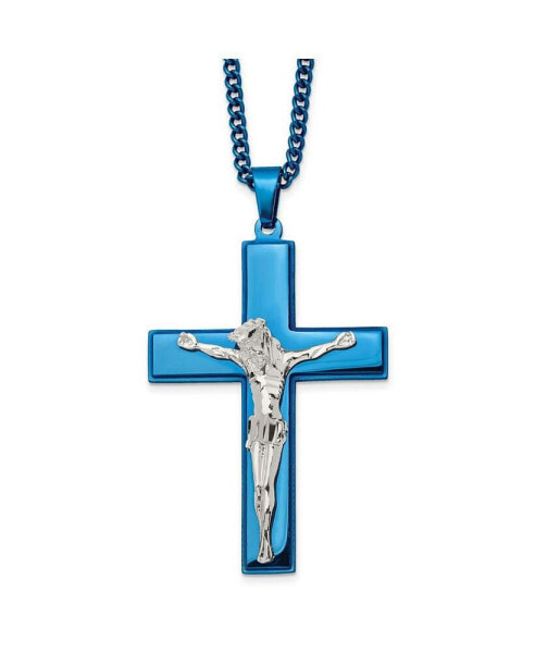 Chisel polished Blue IP-plated Crucifix Pendant Curb Chain Necklace