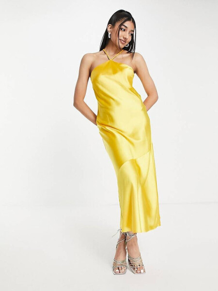 Miss Selfridge satin halter maxi slip dress in yellow 