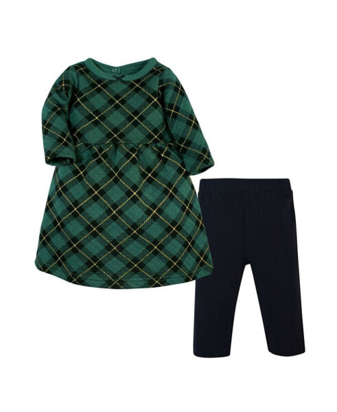Baby Girls Quilted Cotton Dress and Leggings, Forest Green Plaid
