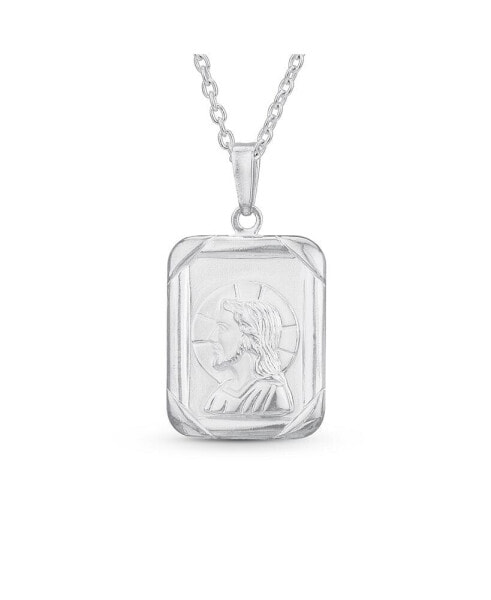 Unisex Religious Metal Square Dog tog Style Medallion Face of Jesus Christ Head Necklace Pendant .925 Sterling Silver For Men Teens