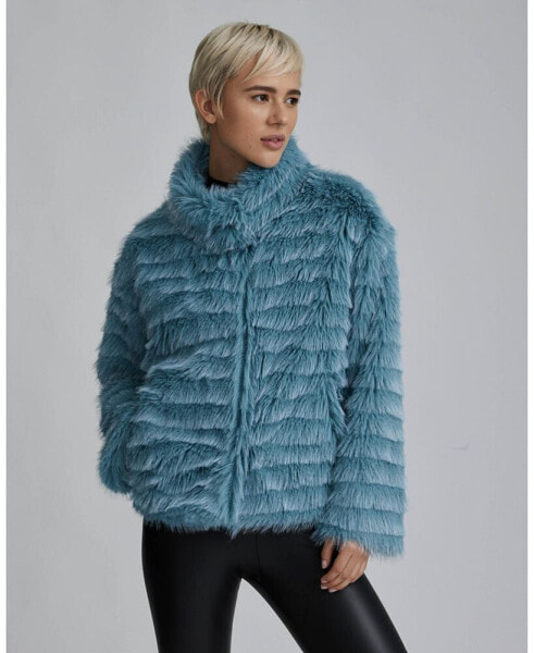 Women's Wave Textured Faux Fur Stand Collar Jacket