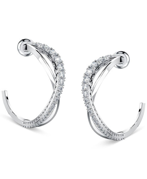 Silver-Tone Small Crystal Intertwined Open Hoop Earrings, 1"