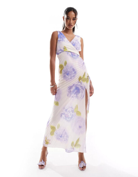 ASOS DESIGN twist shoulder v-neck pleated maxi dress in lilac floral print