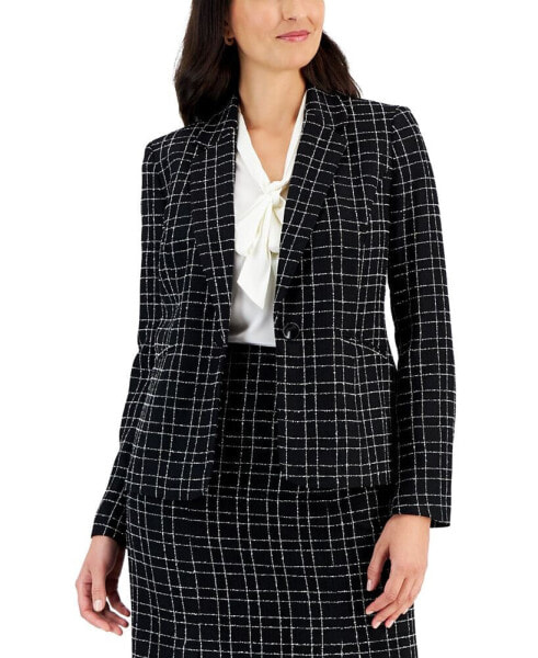 Petite Plaid Tweed Notched Collar One-Button Jacket