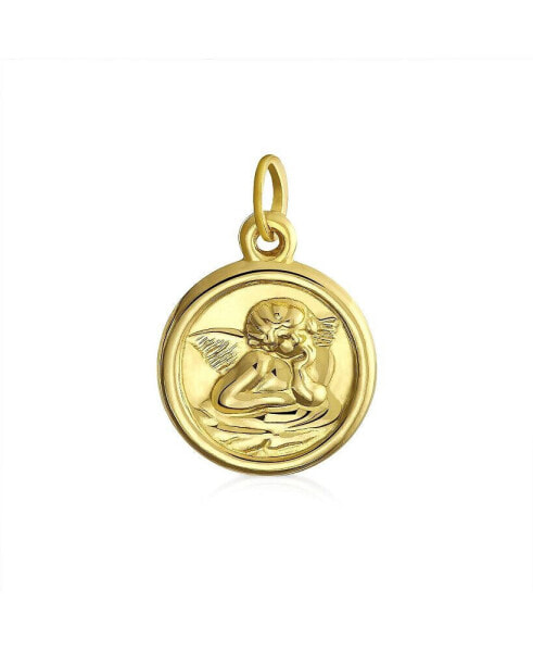 14K Yellow Real Gold Religious Round Disc Medal Guardian Angel Cherub Pendant For Women NO Chain