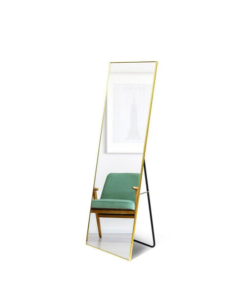 Full Length Mirror, Floor Mirror with Stand, Wall-Mounted Dressing Mirror, Bedroom Mirror with Aluminum Frame 65" x 22", Gold