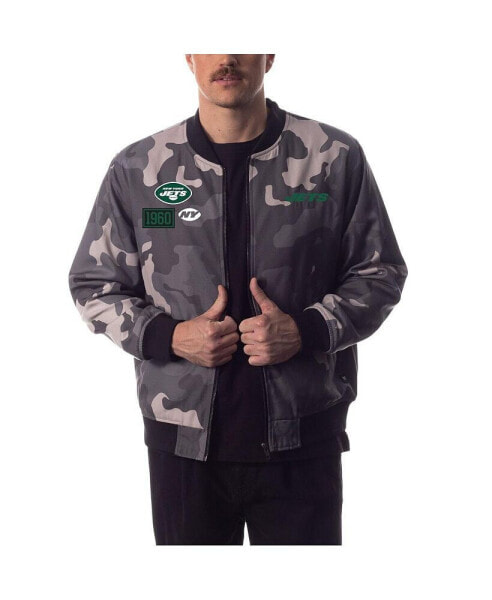 Men's and Women's Gray Distressed New York Jets Camo Bomber Jacket