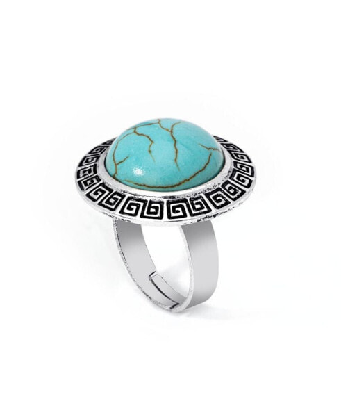 Simulated Turquoise in Silver Plated Round Greek Key Adjustable Ring