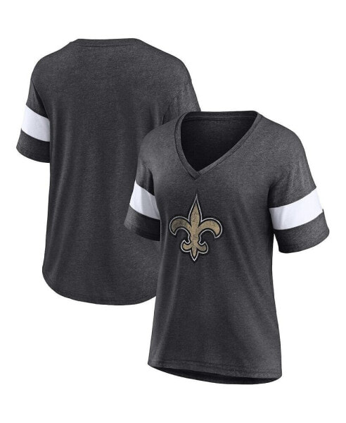 Women's Heathered Charcoal, White New Orleans Saints Distressed Team Tri-Blend V-Neck T-shirt