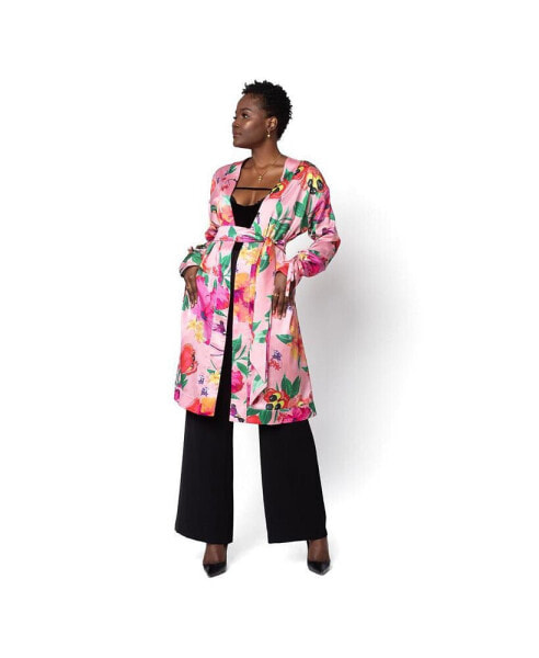 Women's Silky Printed Tie Sleeve Charmeuse Belted Painter's Robe