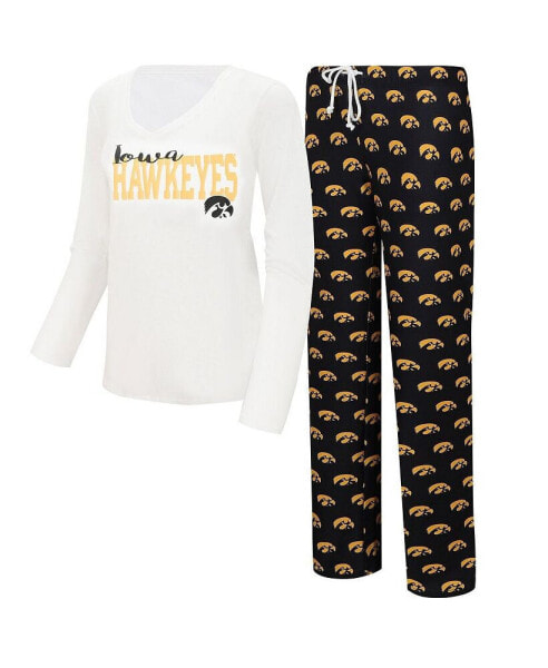Пижама Concepts Sport женская Белая, Черная с длинным рукавом V-образный вырез и брюки Gauge - набор для сна "Iowa Hawkeyes"
