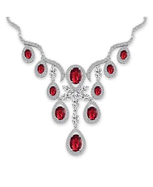 Bridal Prom Holiday Party Large Multi Teardrop Pear Shape Cubic Zirconia Simulated Red Ruby AAA CZ V Collar Statement BIB Necklace For Women