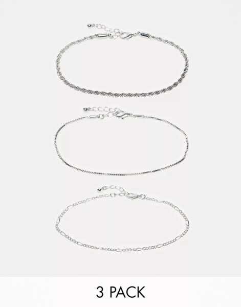 ASOS DESIGN pack of 3 anklets with mixed chain design in silver tone