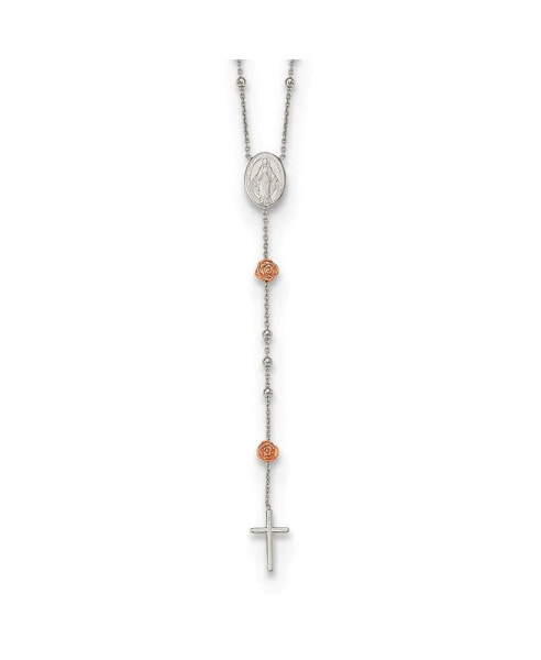 Sterling Silver Beaded Rosary with Rose-tone Roses Pendant Necklace 18"