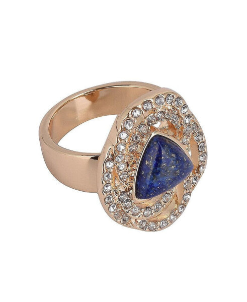 Gold Tone and Sodalite Crystal Stone and Semi-Precious Stone Cocktail Ring