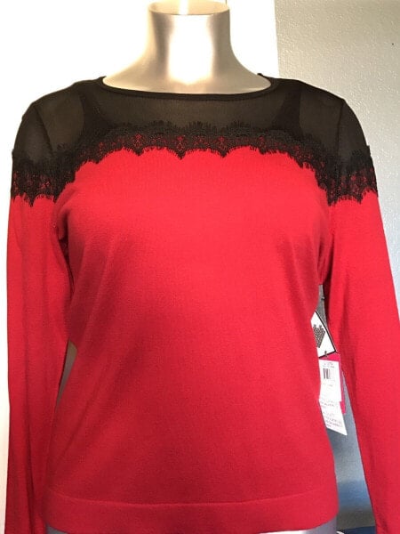 Vince Camuto Sheer Yoke Long Sleeve Sweater Lace Trim Red Black Size M