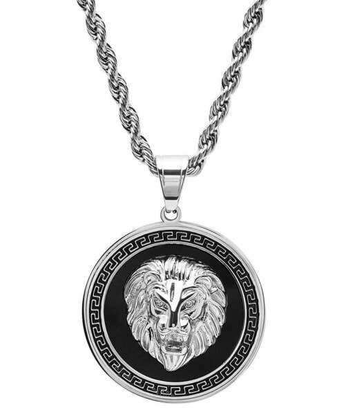 Men's Two-Tone Stainless Steel Simulated Diamond Lion Head On Greek Key Mount 24" Pendant Necklace