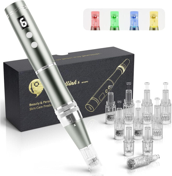 Beautlinks Electric Microneedling Pen 0-2.5 mm with 4 LED Lights and 6 Levels, Microneedle Skin Repair Tool for Face Skin Rejuvenation, Anti Acne, Anti Wrinkle (incl. 10 Needle Cartridges)