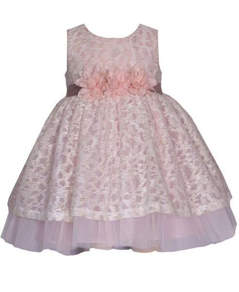 Baby Girls Lace Overlay Dress with Illusion Neckline and Ribbon Waistline