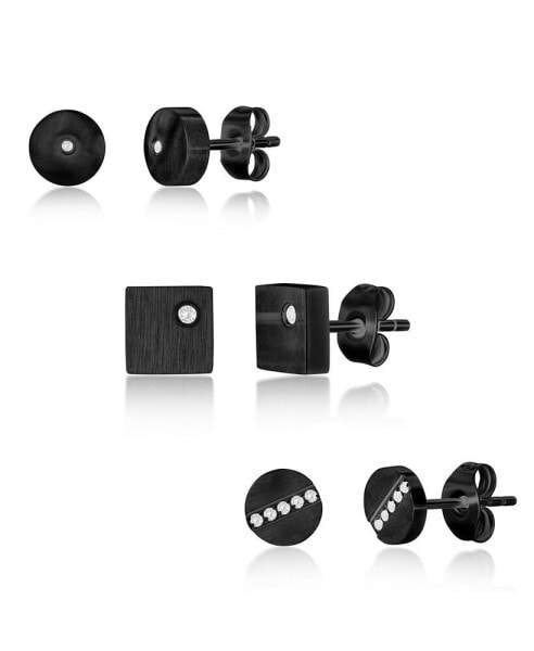 Black Plated over Stainless Steel, Set of 3 CZ Stud Earrings