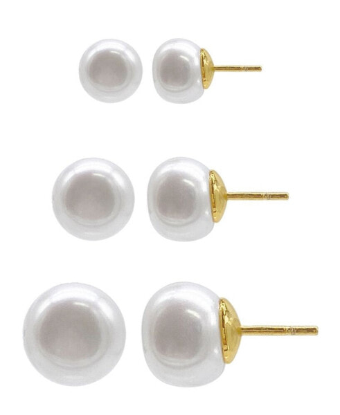 14K Gold Plated Freshwater Pearl Stud Earrings Set, 6 Pieces