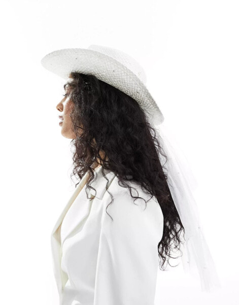 South Beach pearl embellished cowboy hat with pearl veil in natural