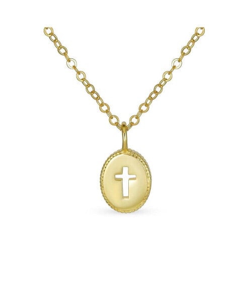 Bling Jewelry tiny Petite Religious Mini Medallion Oval Cross Necklace For Pendant Women Teen Polished 14K Yellow Gold Plated .925 Sterling Silver Milgrain Edge With Chain