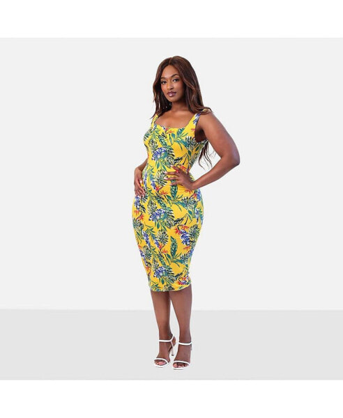 Plus Size Isla Tropical Print Bodycon Midi Dress