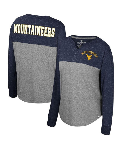 Women's Heather Gray, Navy Distressed West Virginia Mountaineers Jelly of the Month Oversized Tri-Blend Long Sleeve T-shirt