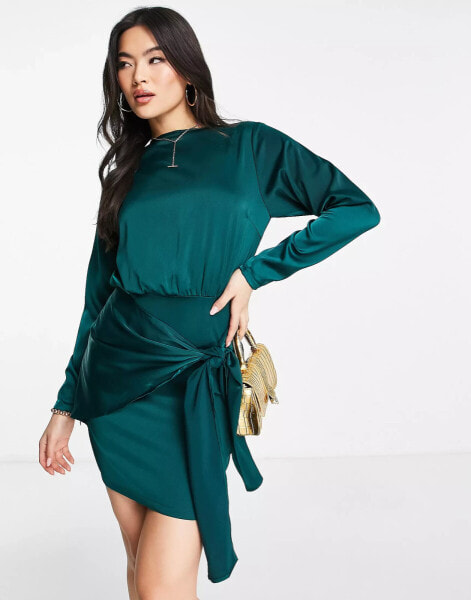 NaaNaa long sleeve satin dress with wrap tie in teal