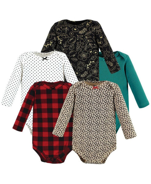 Baby Girls Cotton Long-Sleeve Bodysuits, Buffalo Plaid Leopard, 5-Pack