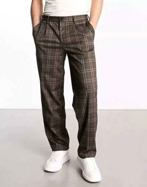 Jack & Jones Intelligence bill wide fit smart trouser in brown check