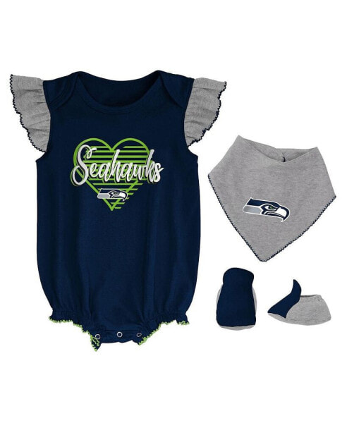 Girls Newborn and Infant College Navy, Heathered Gray Seattle Seahawks All The Love Bodysuit Bib and Booties Set