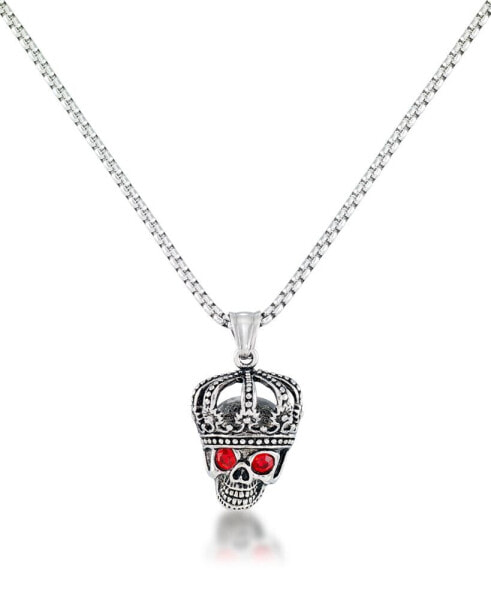 Men's Red Cubic Zirconia King Skull 24" Pendant Necklace in Stainless Steel