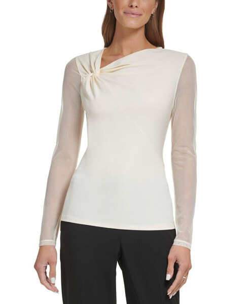 Petite Solid-Color Asymmetrical V-Neck Sheer-Sleeve Top