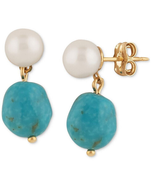 Freshwater Pearl (5mm) & Turquoise Drop Earrings in 14k Gold
