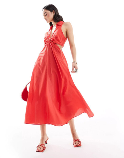 Mango split side midi dress in red