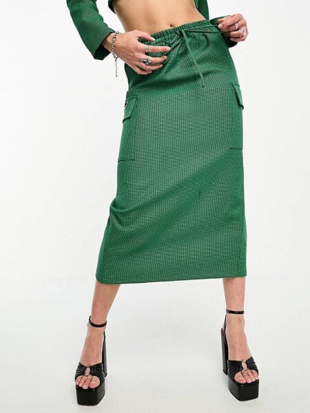 Extro & Vert maxi skirt with split in green check co-ord