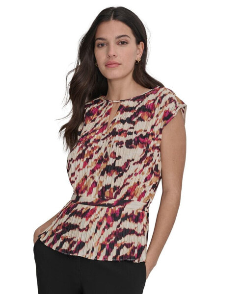 Women's Printed Pleated Cap Sleeve Blouse