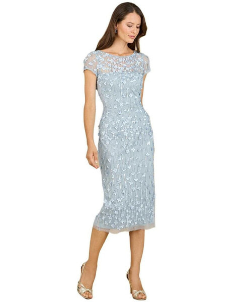 Women's 3D Applique Midi Dress with Cap Sleeves