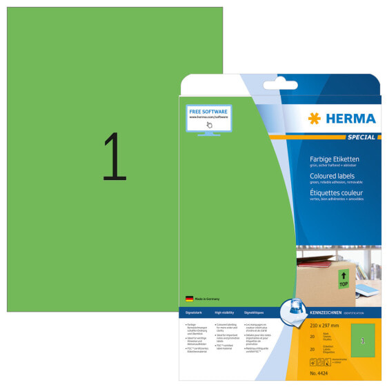 HERMA Coloured Labels A4 210x297 mm green paper matt 20 pcs. - Green - Self-adhesive printer label - A4 - Paper - Laser/Inkjet - Removable