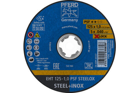 PFERD EHT 125-1,0 PSF STEELOX/X-LOCK 69198289 Disco di taglio dritto 125 mm 10 pz. - Dicke: 1 mm· Inhalt: 10 St.· Material-Eignung: Edelstahl,Stahl· Produkt-Art: Trennscheibe gerade· Produktabmessung -Ø: 125 mm· Weitere technische Daten: Antriebsarten: Akkuwink