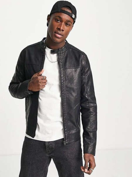 Jack & Jones Essentials faux leather biker jacket in black