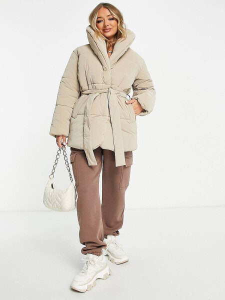 ASOS DESIGN velour look belted padded coat in mink