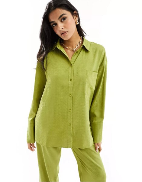 4th & Reckless satin flared sleeve oversized shirt co-ord in lime