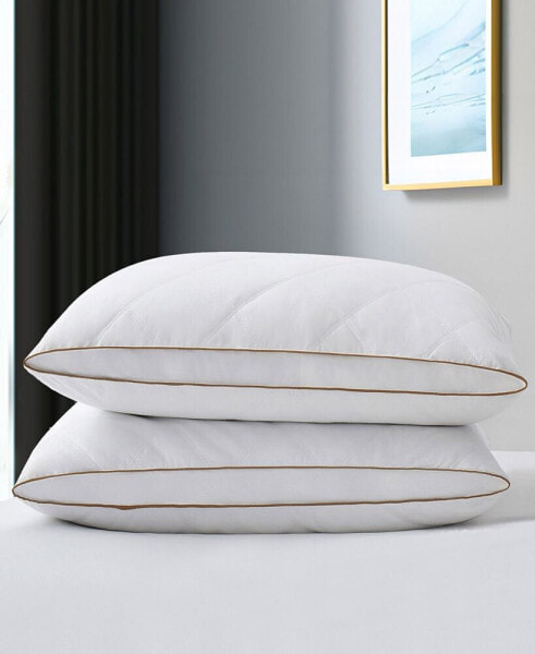 2 Pack 100% Cotton Diamond Grid Medium Support Down Feather Gusseted Pillow Set, King